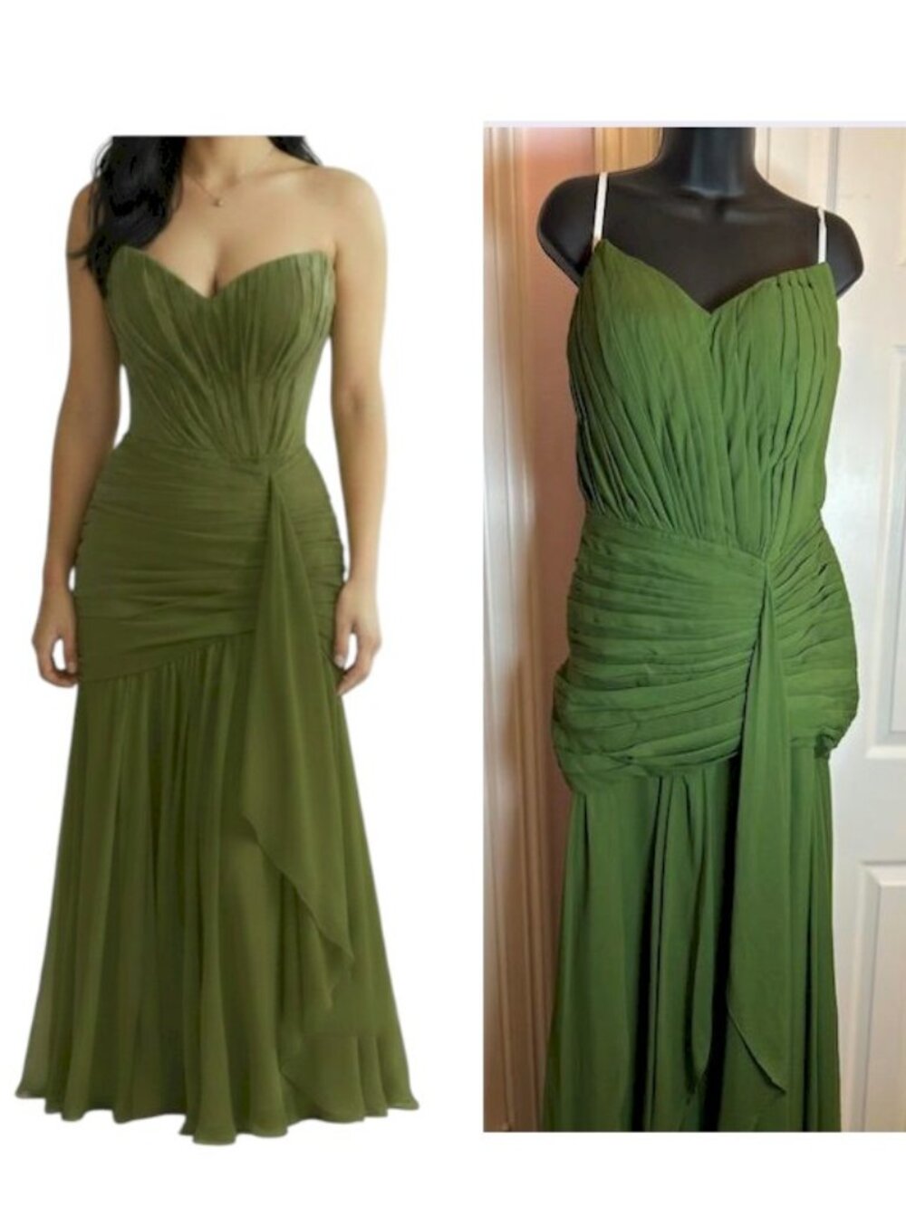 Olive Green Chiffon Maxi Ruched Dress Size 4 New with Tags by Suzhou